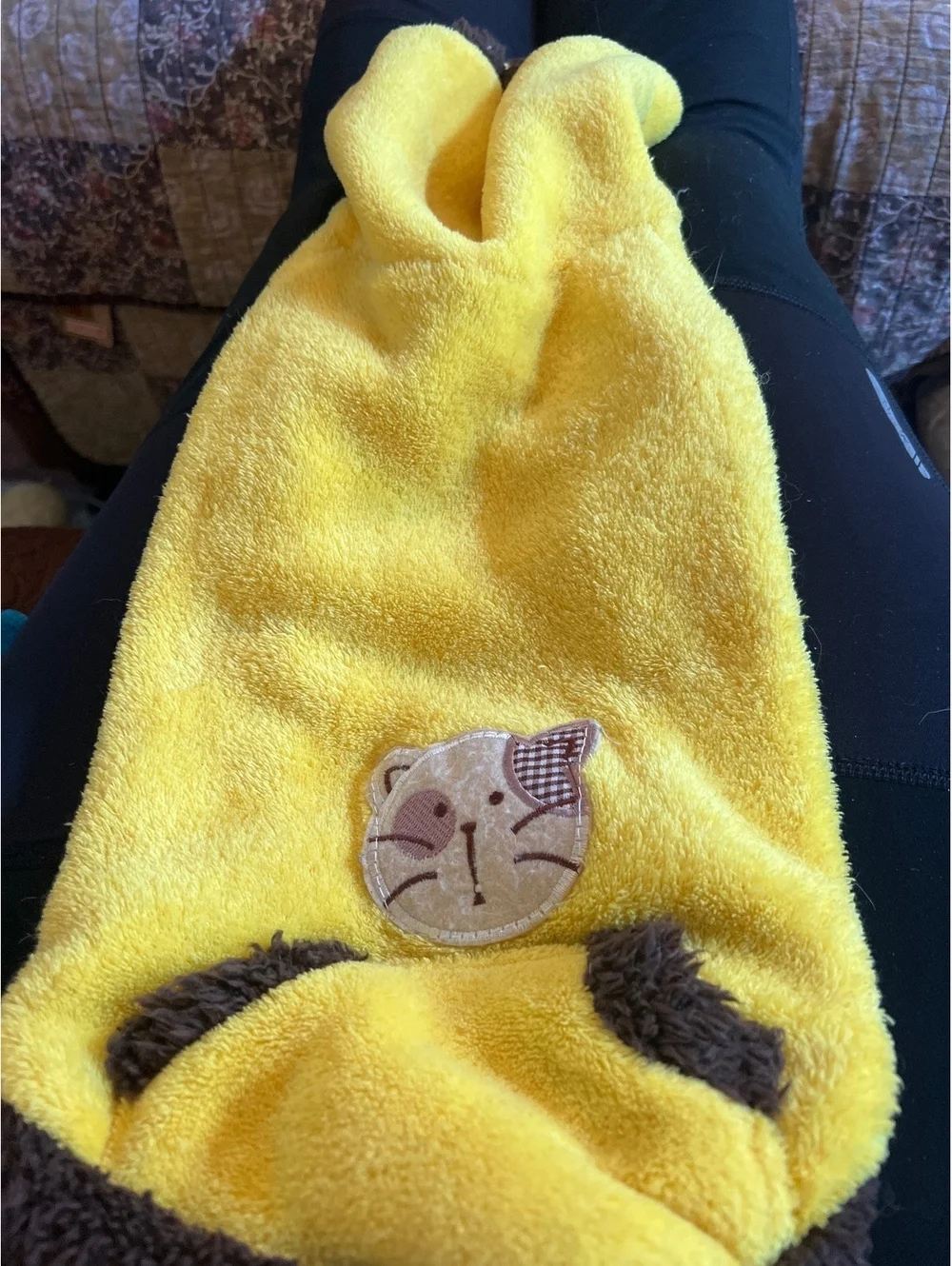 My Precious Yellow and Brown Fleece Pet Hoodie with Cat Patch